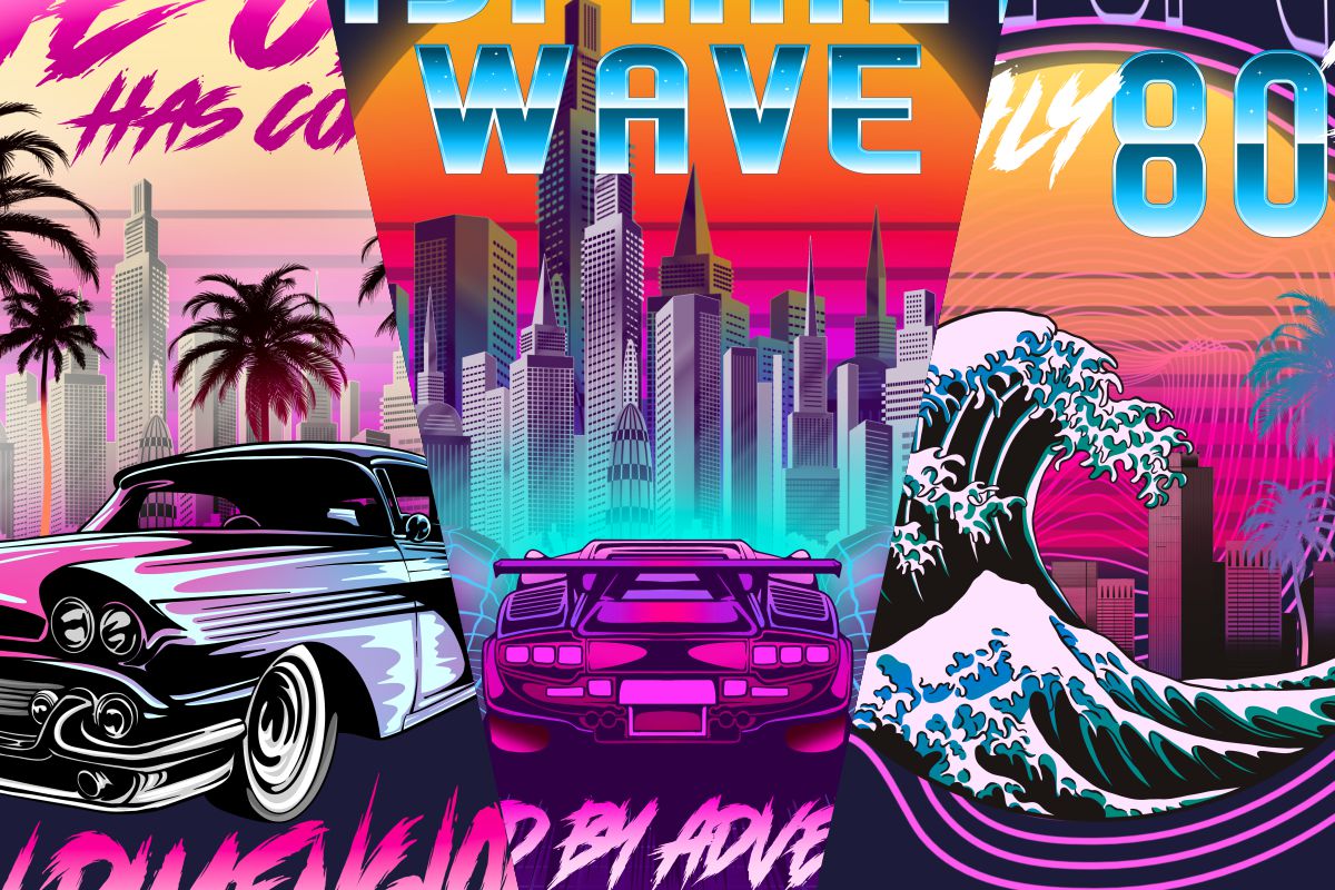 Synthwave trending t-shirt designs collage