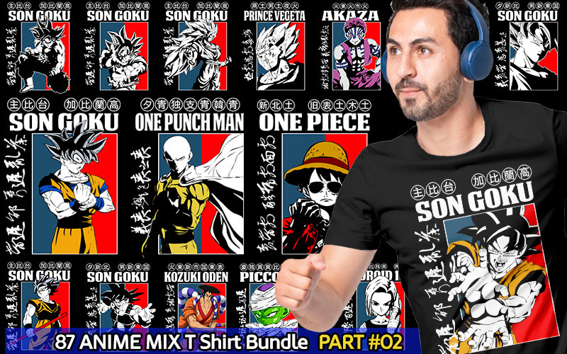 A collage of Anime t-shirt designs