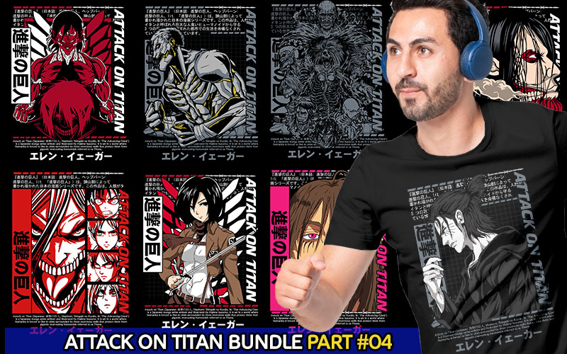 A collage of Attack on titan anime t-shirt designs