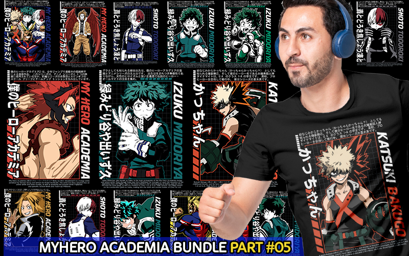 A collage of Myhero academia anime t-shirt designs