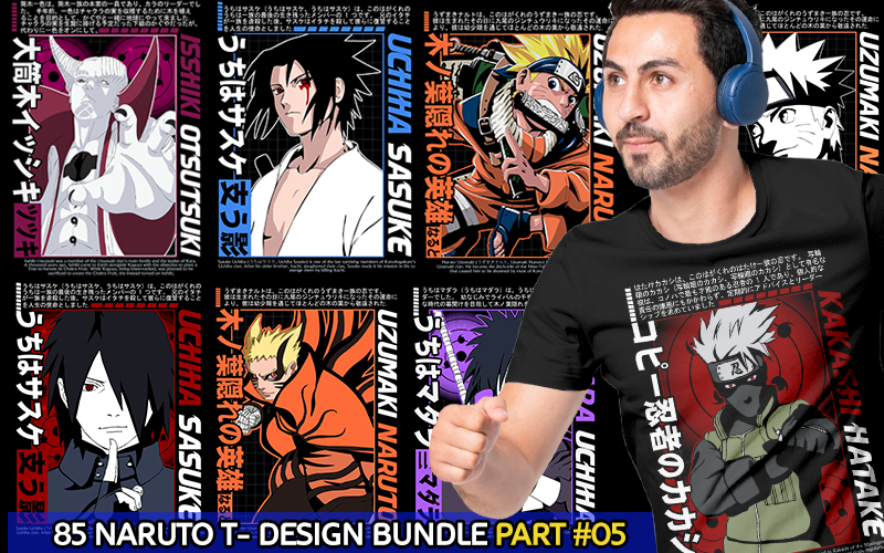 A collage of Naruto anime t-shirt designs