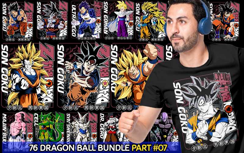 A collage of Dragon Ball z anime t-shirt designs