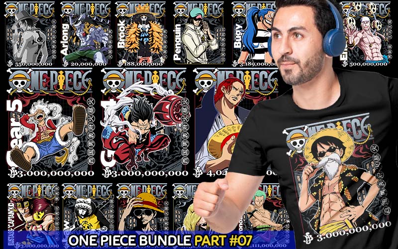 A collage of One piece anime t-shirt designs