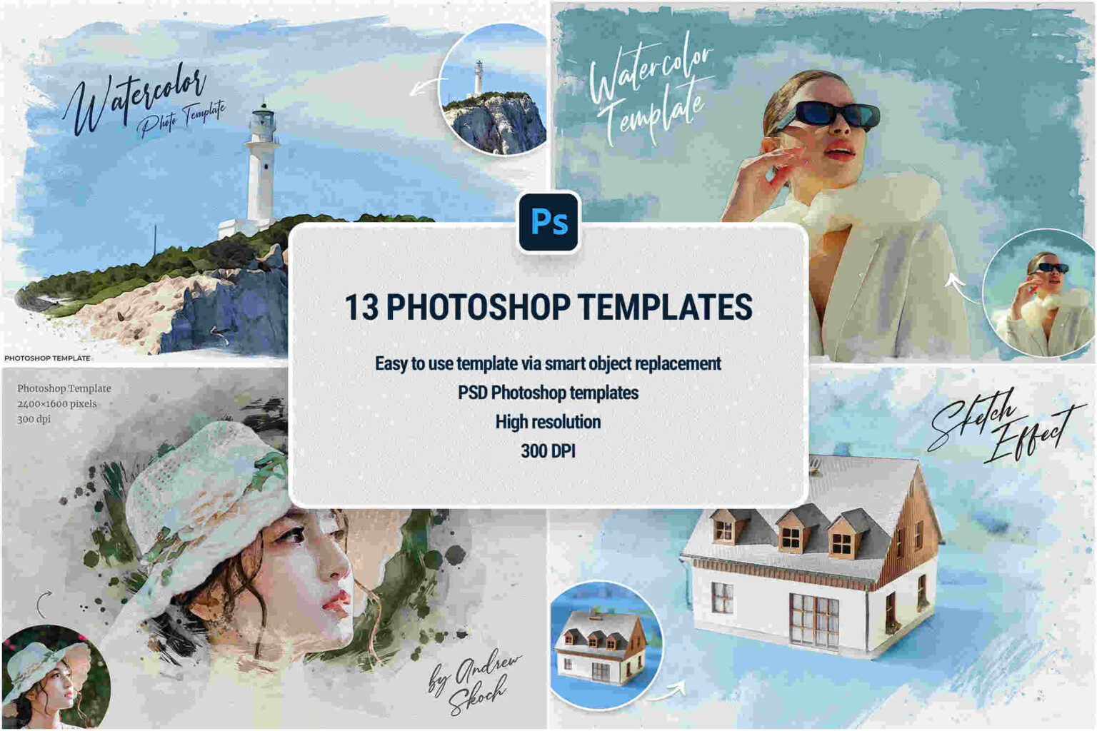 easy watercolor templates, psd photoshop templates