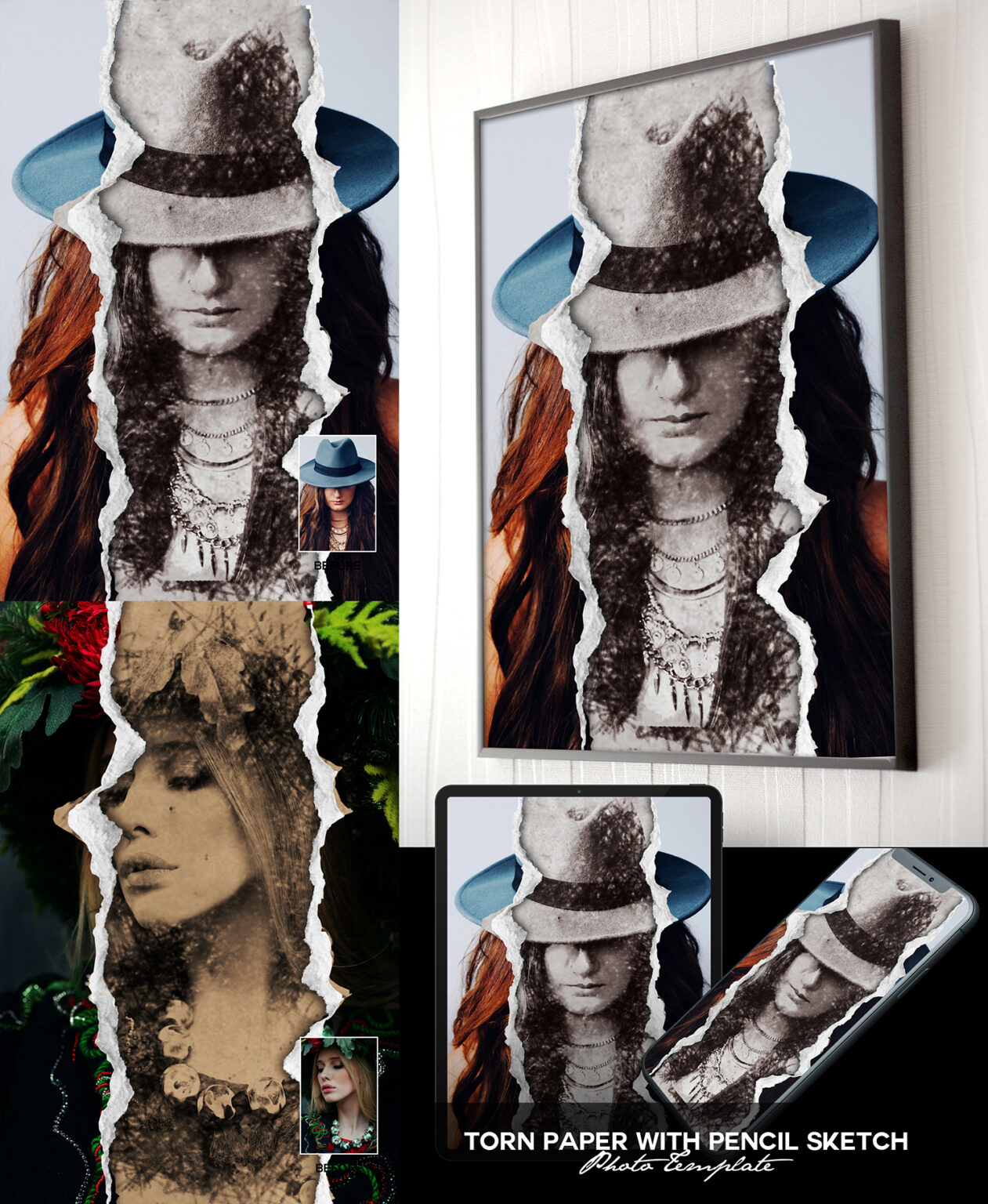 torn paper photoshop action, torn paper template