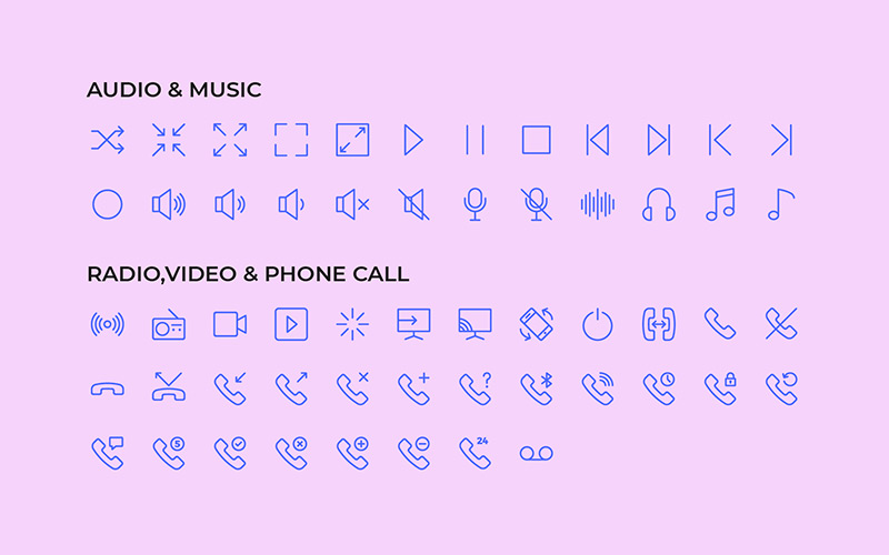 Audio Line Icons, Music Line Icons, Radio Line Icons, Video Line Icons And Call Line Icons