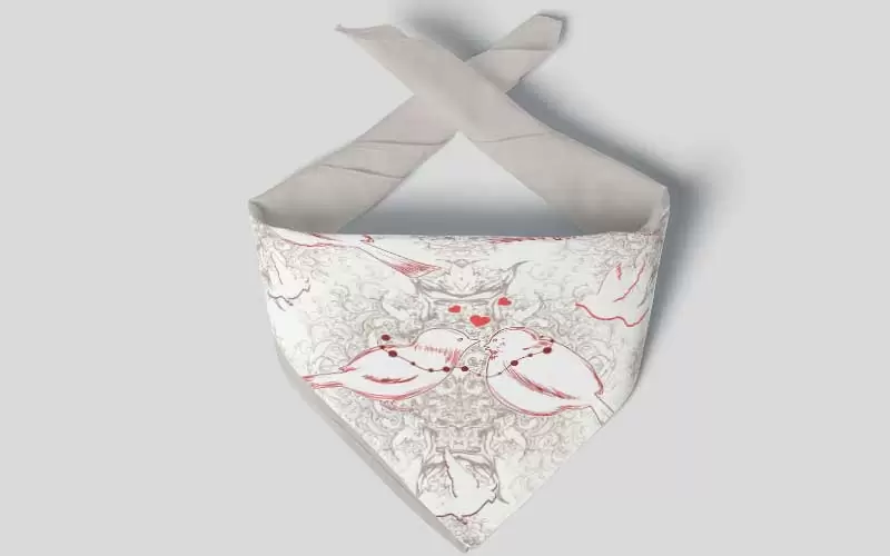 A preview of a love birds design pattern used on a face mask