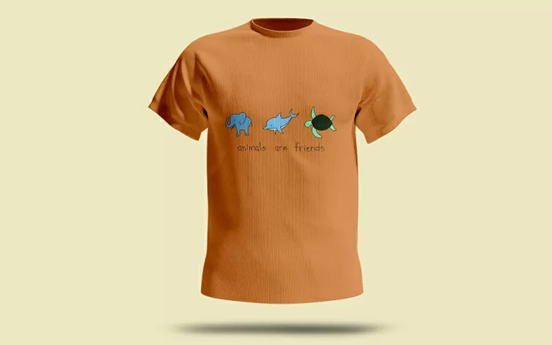 A preview of "animals are friends" with an elephant, fish and turtle design printed on an orange t-shirt