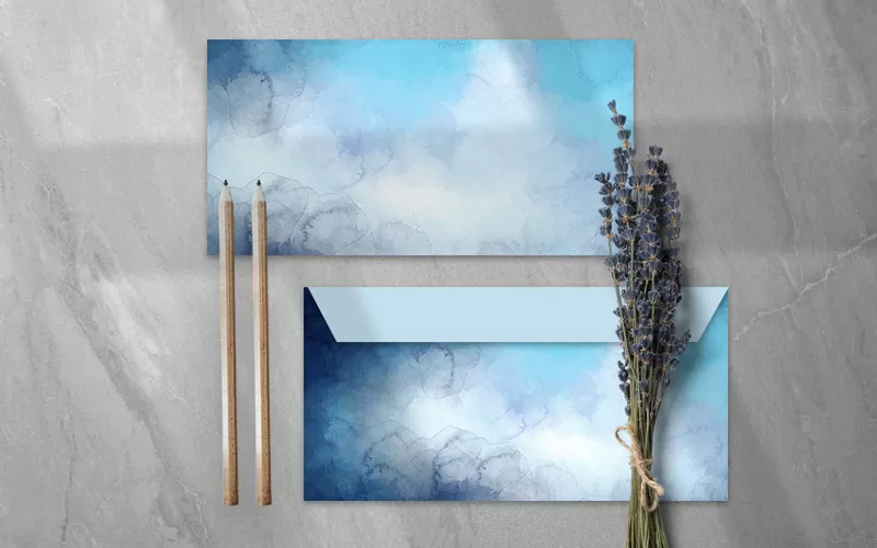 A preview of a blue watercolor background included in the abstract watercolor backgrounds used on an envelope 