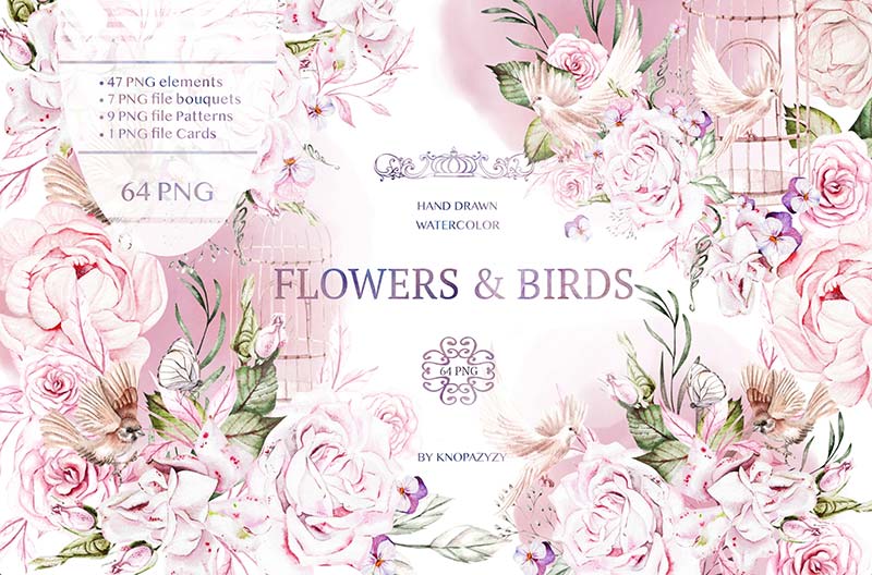 watercolor flowers and birds set