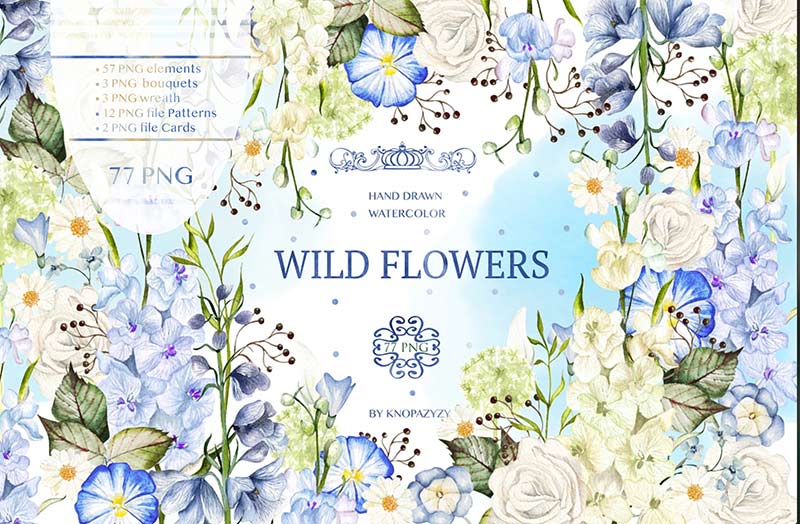 watercolor wild flowers set