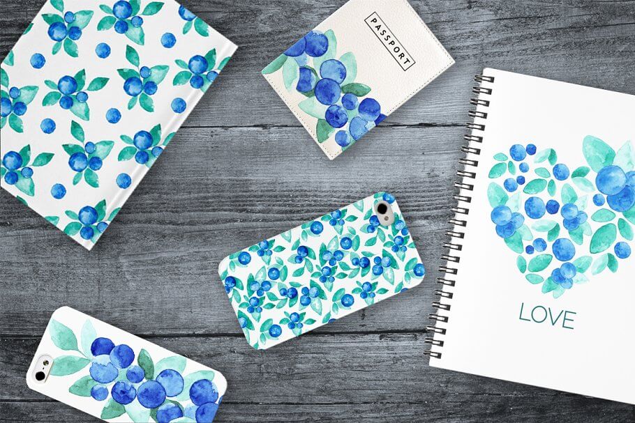 blue berries watercolor elements set preview blue berries watercolor elements set preview - floral watercolor graphics