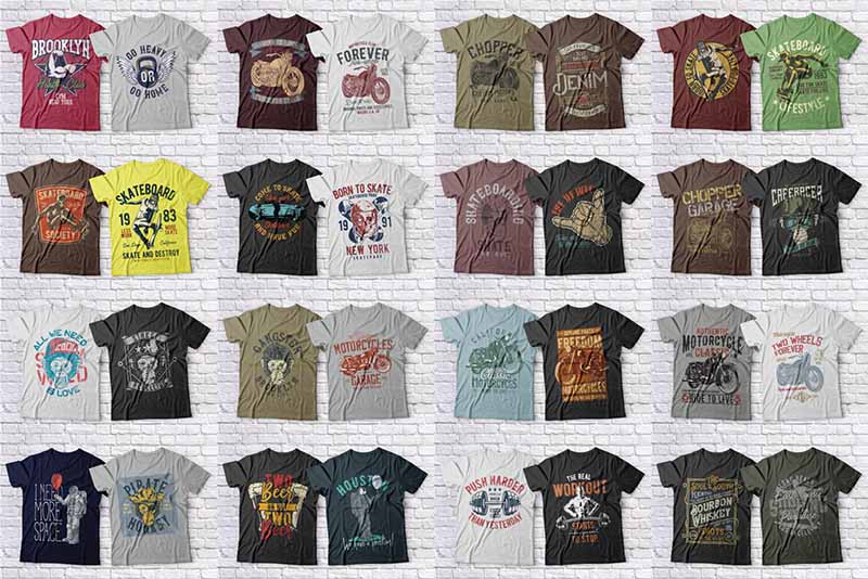 A collage of t shirt design mockups on light colors