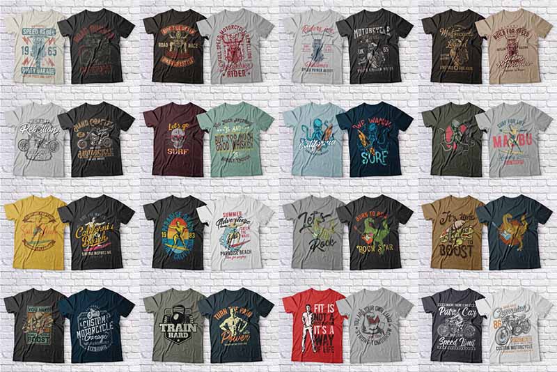 A collage of t shirt design mockups on dark colors