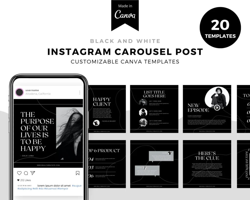 A preview of Instagram Carousel online course Post templates