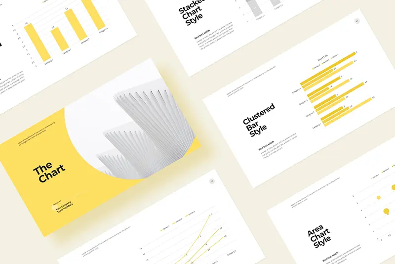 A Preview Of Slides Showcasing Information Through A Bar, Line, And Area Charts, And A Cover Slide of Charts