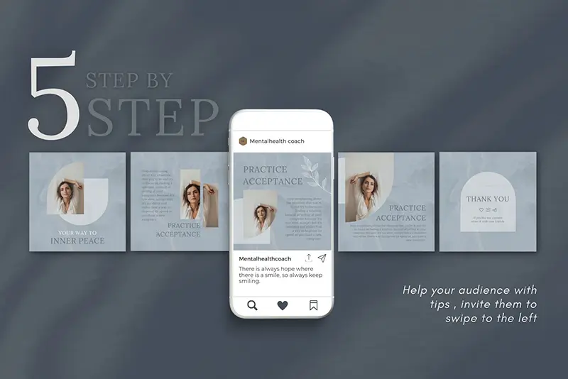 A preview of the 5 Step carousel 1 templates included in the can social media templates bundle