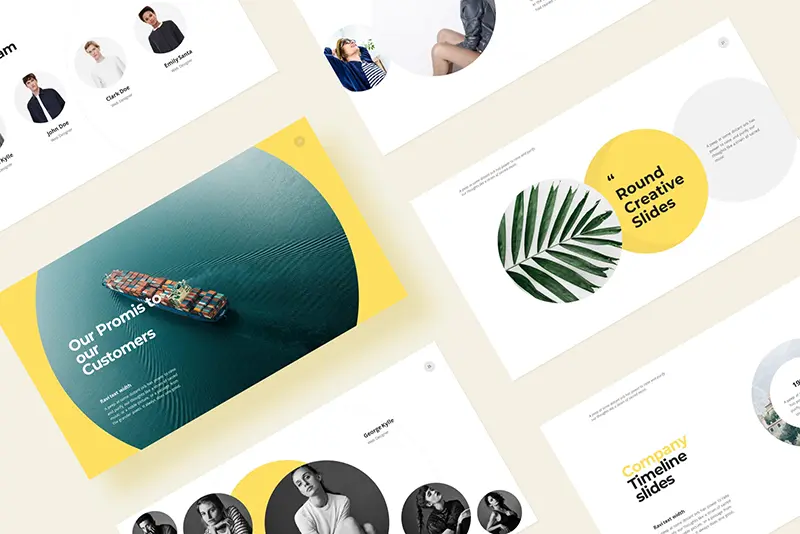 A Preview Of Slides Showcasing The Promises Of A Business To Their Customers, Company Timeline, And Round Creative Slides