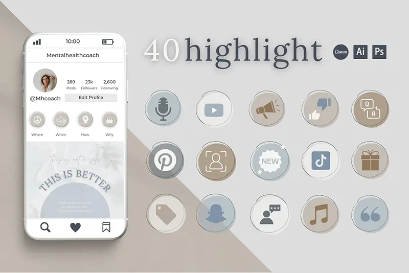 A preview of the 40 highlight icons included in the Templates Bundle