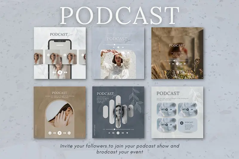 A preview of the podcast templates included in the canva social media templates bundle