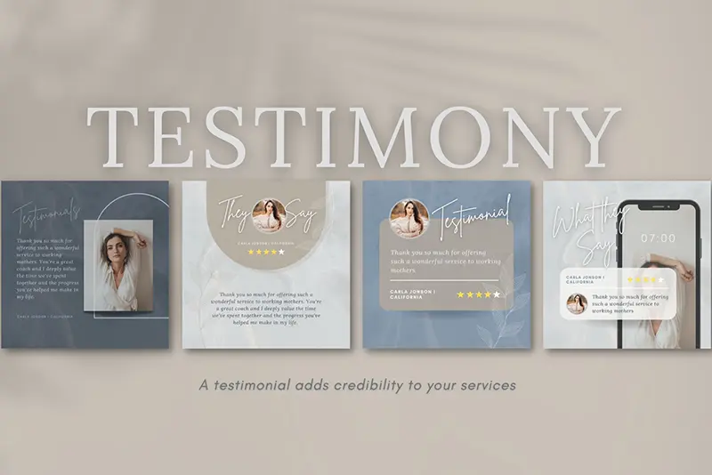 A preview of the testimony templates included in the canva social media templates bundle