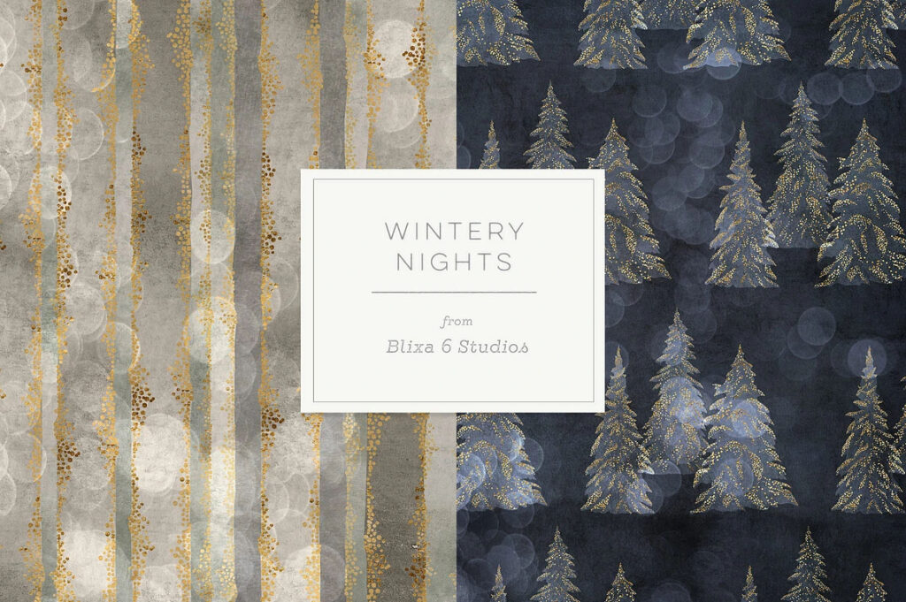 Wintry Nights Preview Golden Graphics and Christmas Trees On Silver And Blue Wintry Patterns
