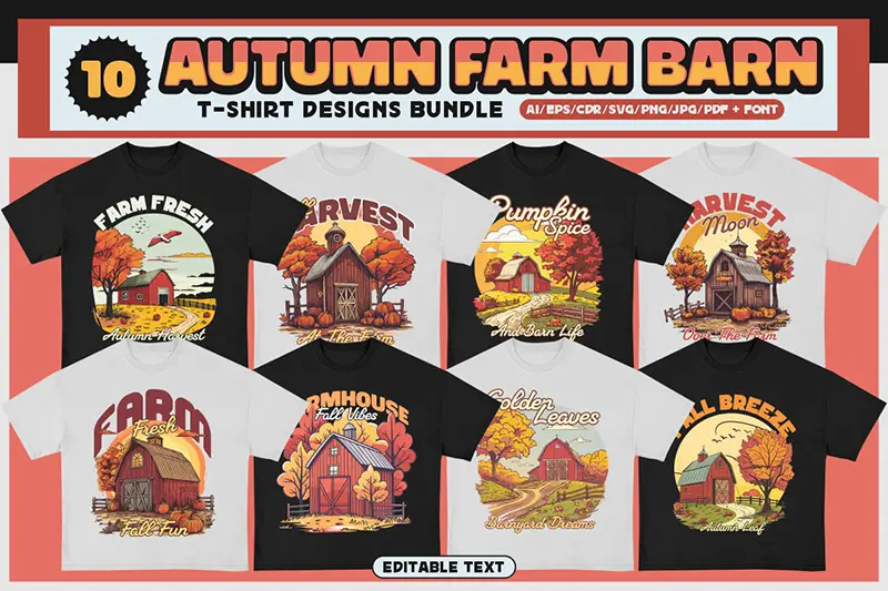 A preview of Autumn Farm T-shirt Design Bundle included in the editable t shirt designs, cool tee shirt designs
best t shirt prints