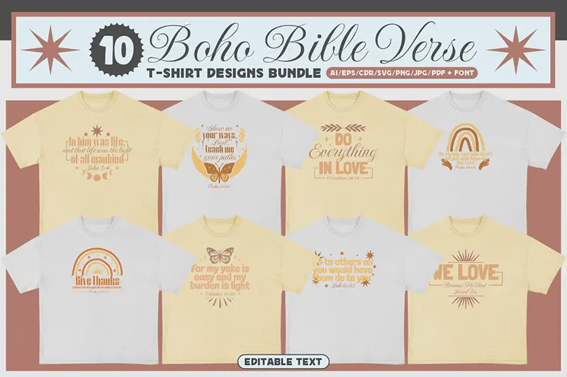A preview of Boho Bible T-shirt Design Bundle included in the editable t shirt designs