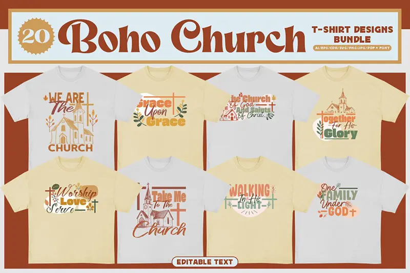 A preview of Boho Church T-shirt Design Bundle included in the editable t shirt designs