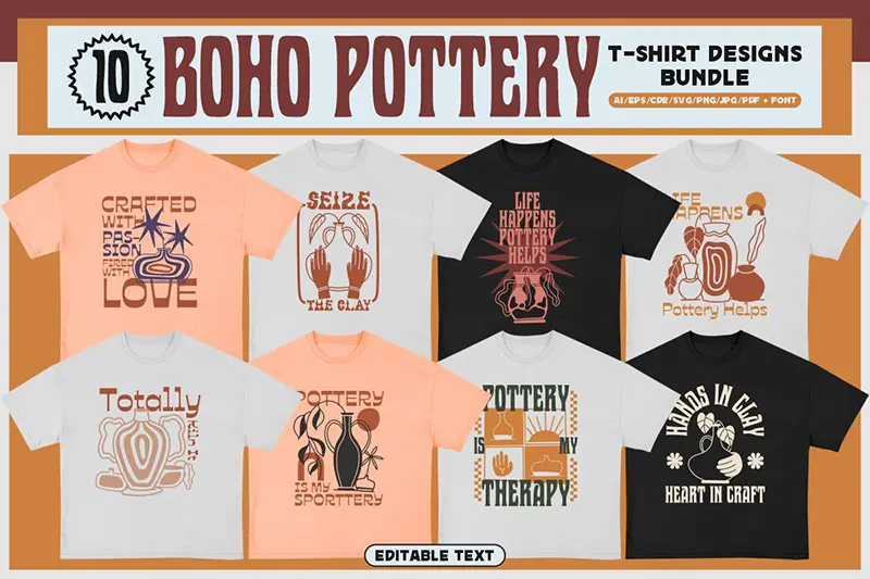 A preview of Boho Pottery T-shirt Design Bundle included in the cool tee shirt designs