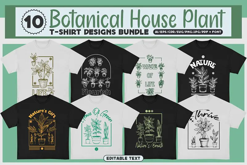 A preview of Botanical House Plant T-shirt Design Bundle included in the cool tee shirt designs