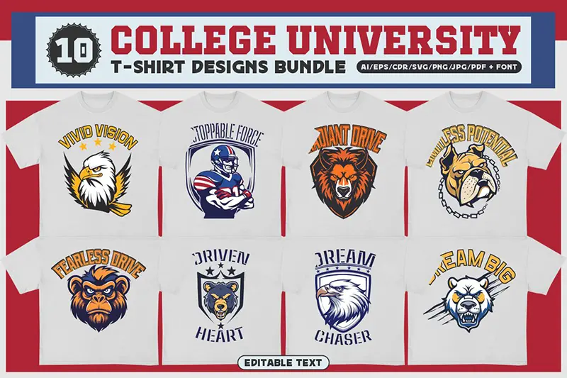 A preview of College University T-shirt Design Bundle included in the editable t shirt designs