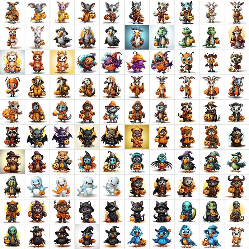 A preview of cute halloween animal images included in this Halloween bundle.