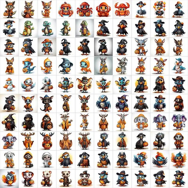 A preview image of funny animal images included in this Halloween clipart bundle.