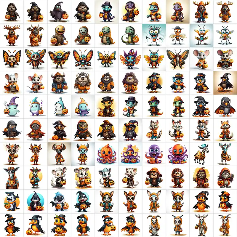 Preview of funny Halloween Animal Clipart Images included in this bundle.