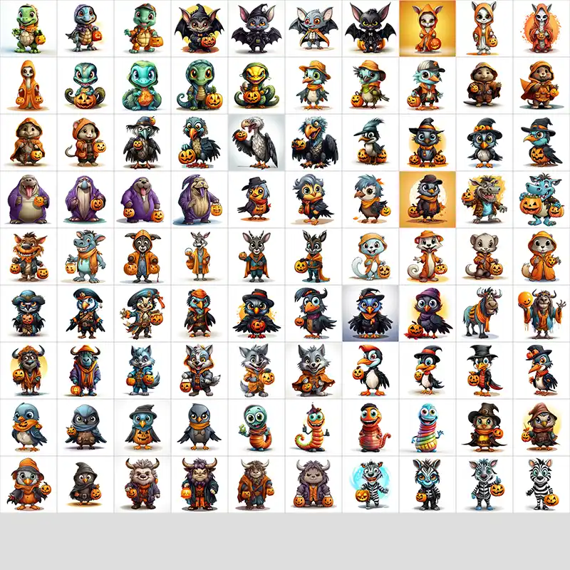 A preview of funny Animal Clipart PNGs included in this Halloween bundle.