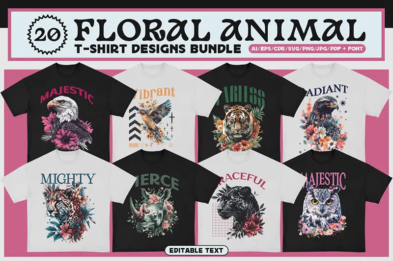 A preview of Floral Animal T-shirt Design Bundle included in the cool tee shirt designs
