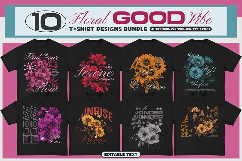 A preview of Floral Good Vibe Designs Bundle included