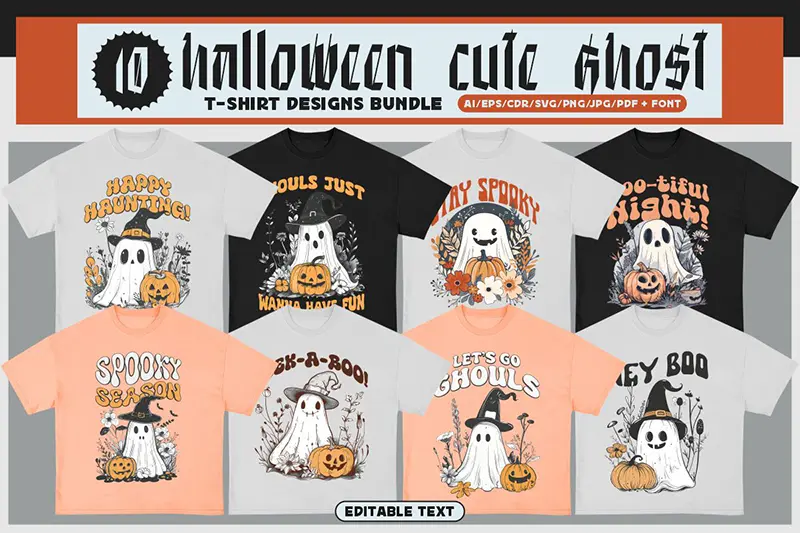 A preview of Halloween cute ghost T-shirt Design Bundle included in the unique tee shirt designs
