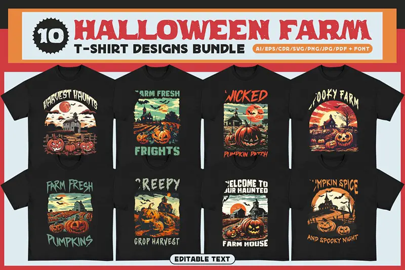 A preview of Halloween farm cool tee shirt designs Bundle included in the tee shirt designs