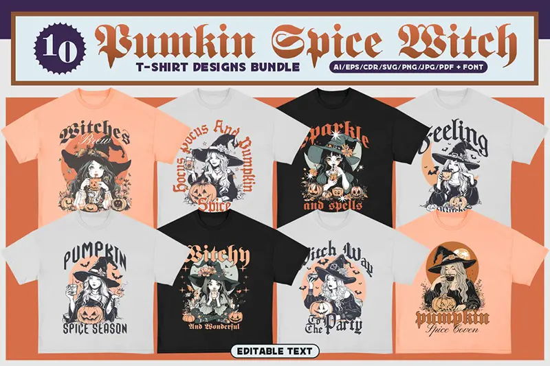 A preview of Pumpkin Spice T-shirt Design Bundle included in the cool t shirt designs
