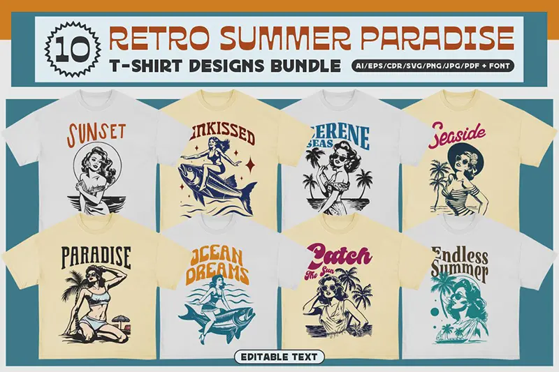 A preview of Retro Summer Paradise T-shirt Design Bundle included in the cool tee shirt designs