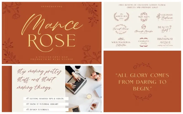 A collage of the previews of the rose mance typeface