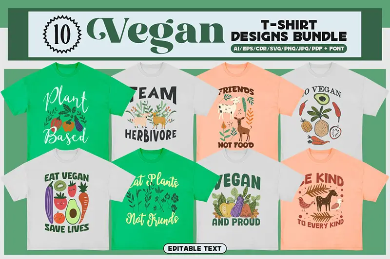 A preview of Vegan T-shirt Design Bundle included in the editable t shirt designs