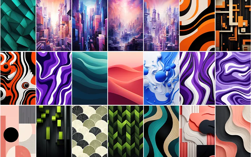A collage of colorful backgrounds included in the bundle.