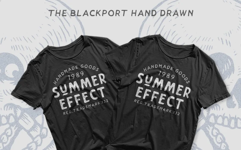 A preview of two black t shirts designed using the Blackport hand drawn font.