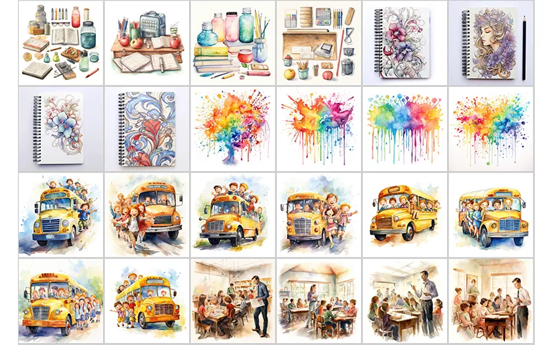Preview Images of Color Splashes, Notebooks, School Objects, Classrooms & School Busses Watercolor Clipart included in the bundle