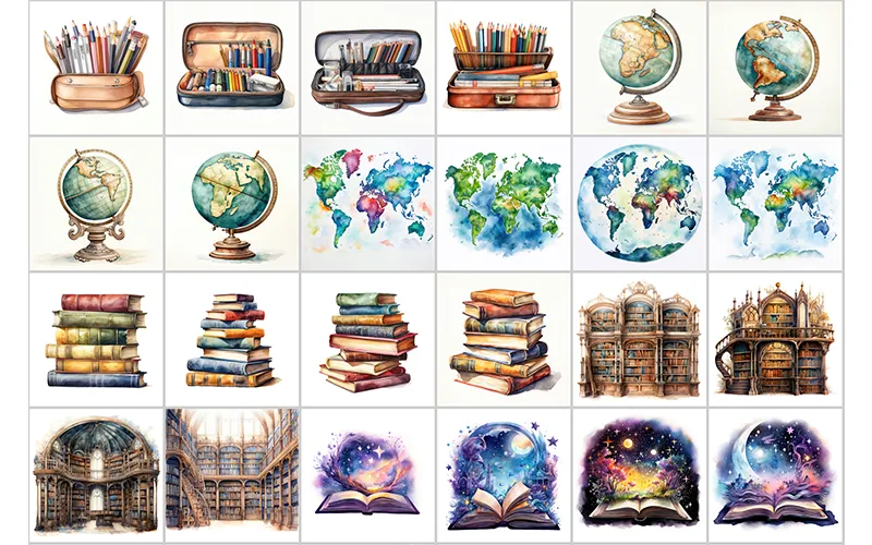 Preview Images of Globe, Books, World, World Map, Library, Magic Book, Elementary Box Watercolor Clipart included in the bundle