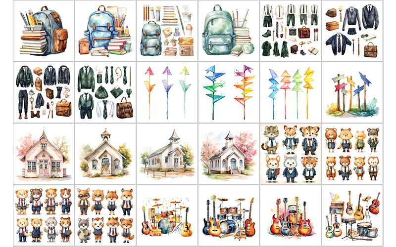 Preview Images of Bag Packs, Houses, Animals, Bears & Clothes Watercolor Clipart included in the bundle