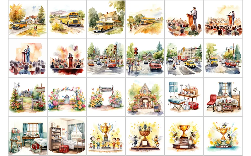 Preview Images of Classroom, Bedroom, Garden, Street & Trophy Watercolor Clipart included in the bundle